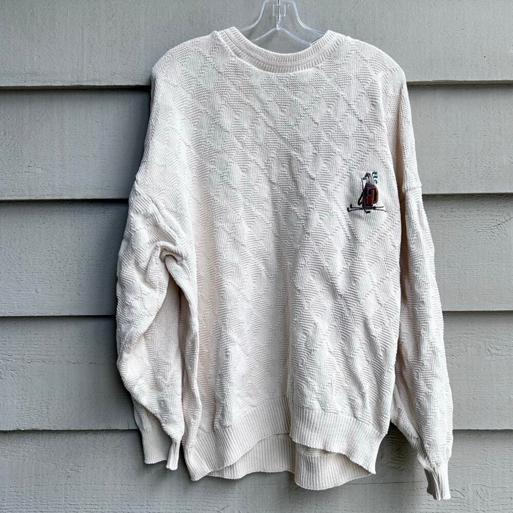 Vintage Knightsbridges Cream Crewneck Golf Sweater Cotton Made in USA Size XL